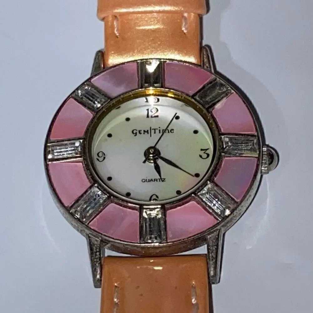 Gem Time Women's Gold Genuine Leather Band Embellished Silver Toned Quartz Watch